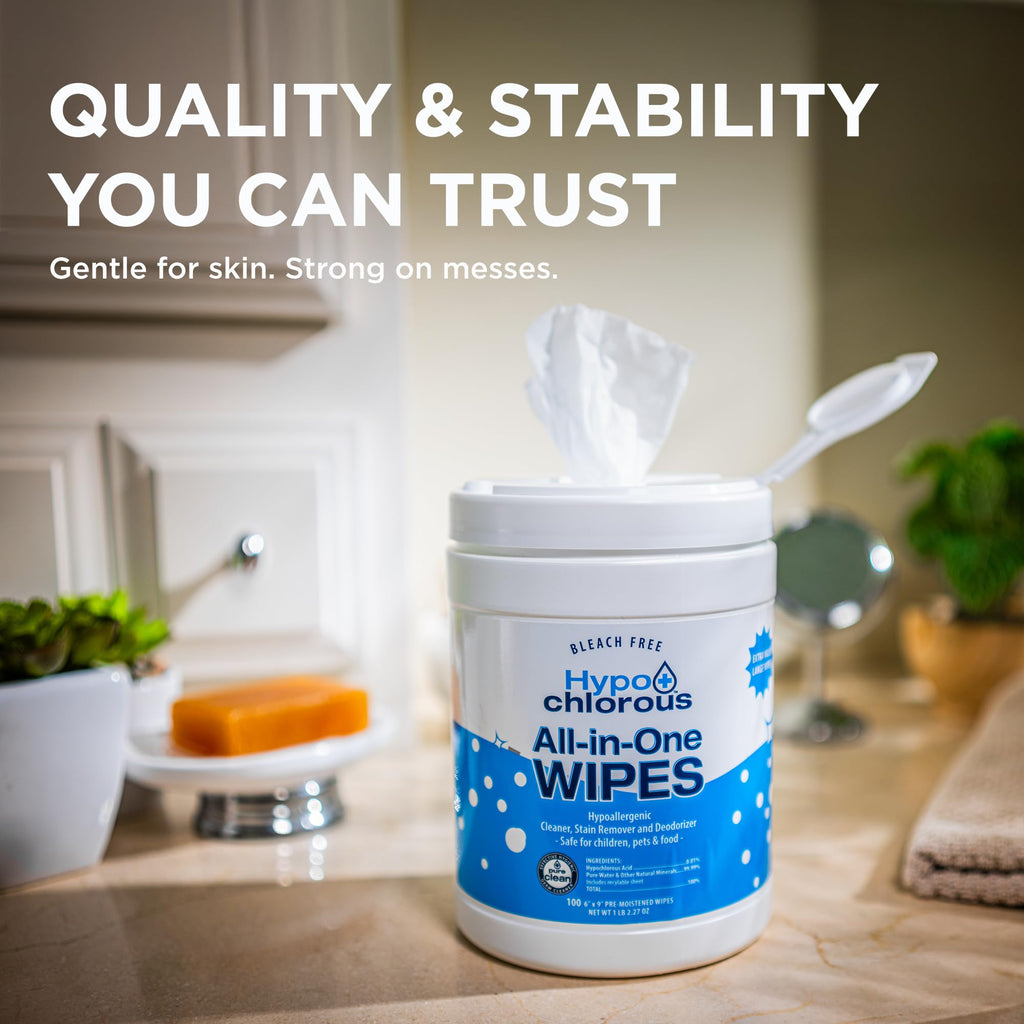 Hypo+Chlorous Hypochlorous Acid Wipes (2-Pack) – 200 Count Non-Toxic Cleaner for Skin, Baby, Pet, Home & Gym – Bleach-Free