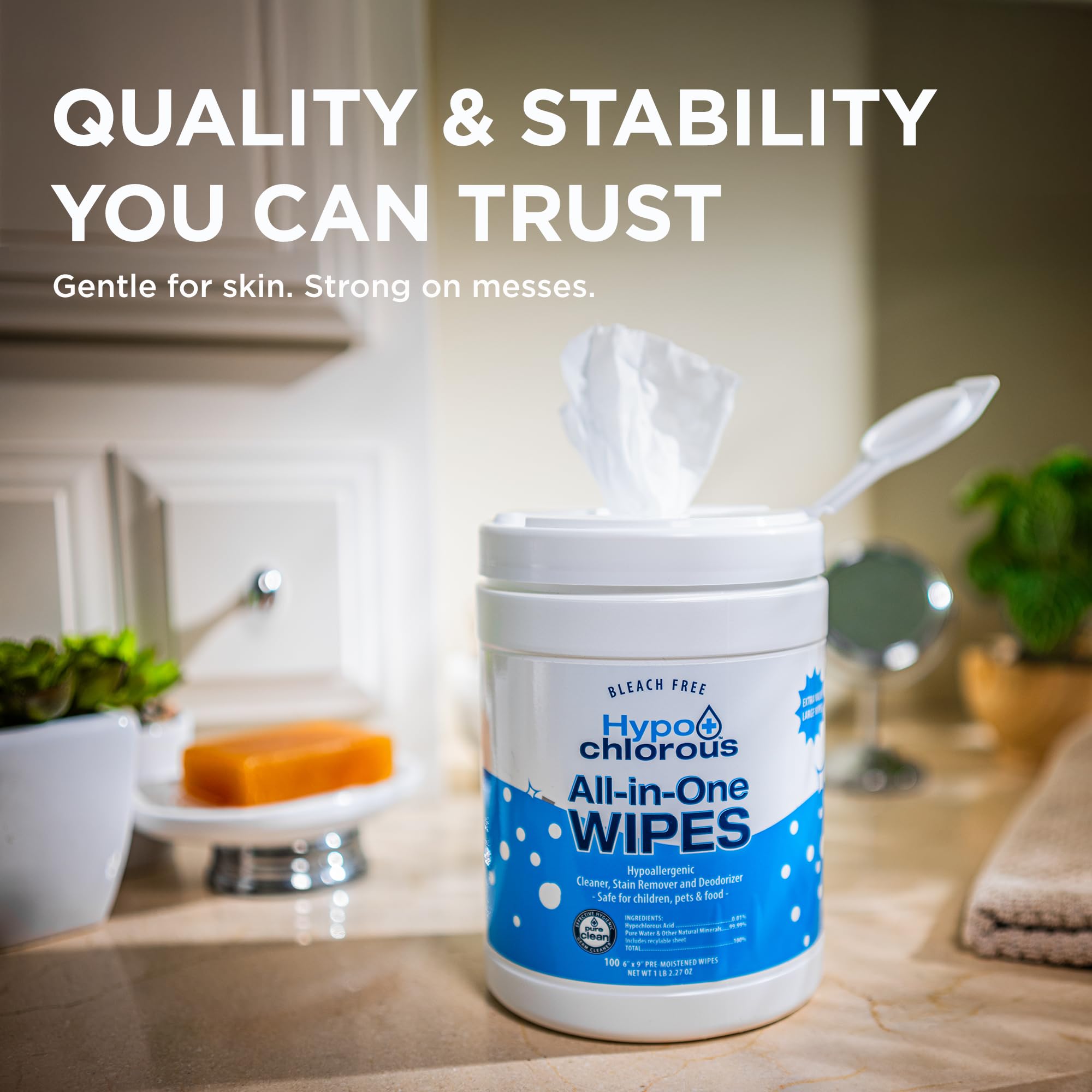 Hypo+Chlorous Hypochlorous Acid Wipes (2-Pack) – 200 Count Non-Toxic Cleaner for Skin, Baby, Pet, Home & Gym – Bleach-Free