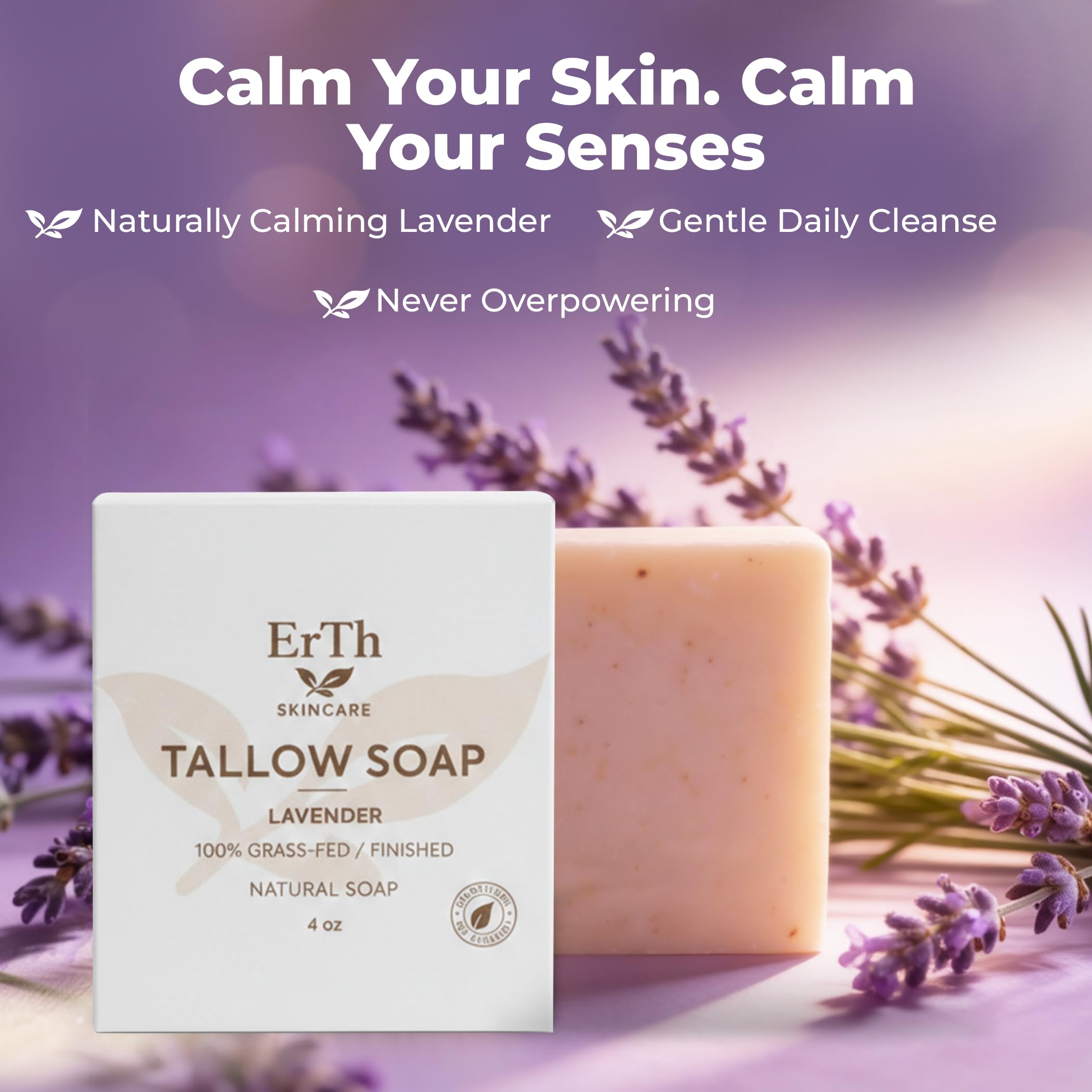 ErTh All-Natural Tallow Soap Bar 3 Pack – Grass-Fed Tallow, Simple Ingredients (Lavender)