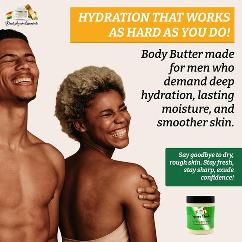 Black Lavish Essentials Ultra-Soft Shea Body Butter, Dry Skin Cream for Radiant Moisturized Skin, Natural Hydrating Body Lotion with Aloe Vera, Argan Oil, Rosehip Oil, (Sport Mode, 8oz)