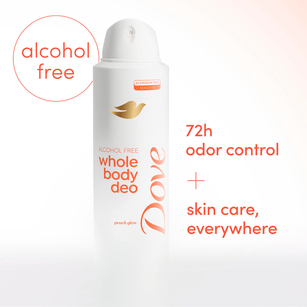 Dove Whole Body Deo Alcohol Free Deodorant Spray for Women 72-hour odor control Peach Glow 4 oz