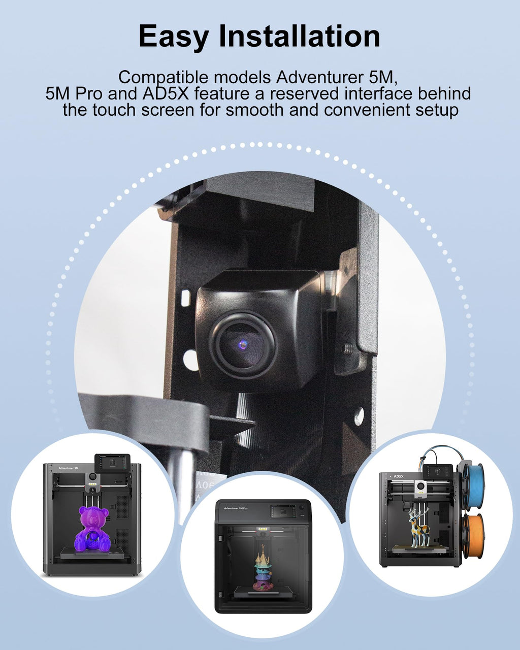 3D Printer Camera Kit Compatible with AD5X Adventurer 5M/5M Pro 3D Printers, Real-Time Remote Monitoring Time-Lapse Recording Compatible with Flash Maker App, 3D Printer Accessory for Adventure 5X