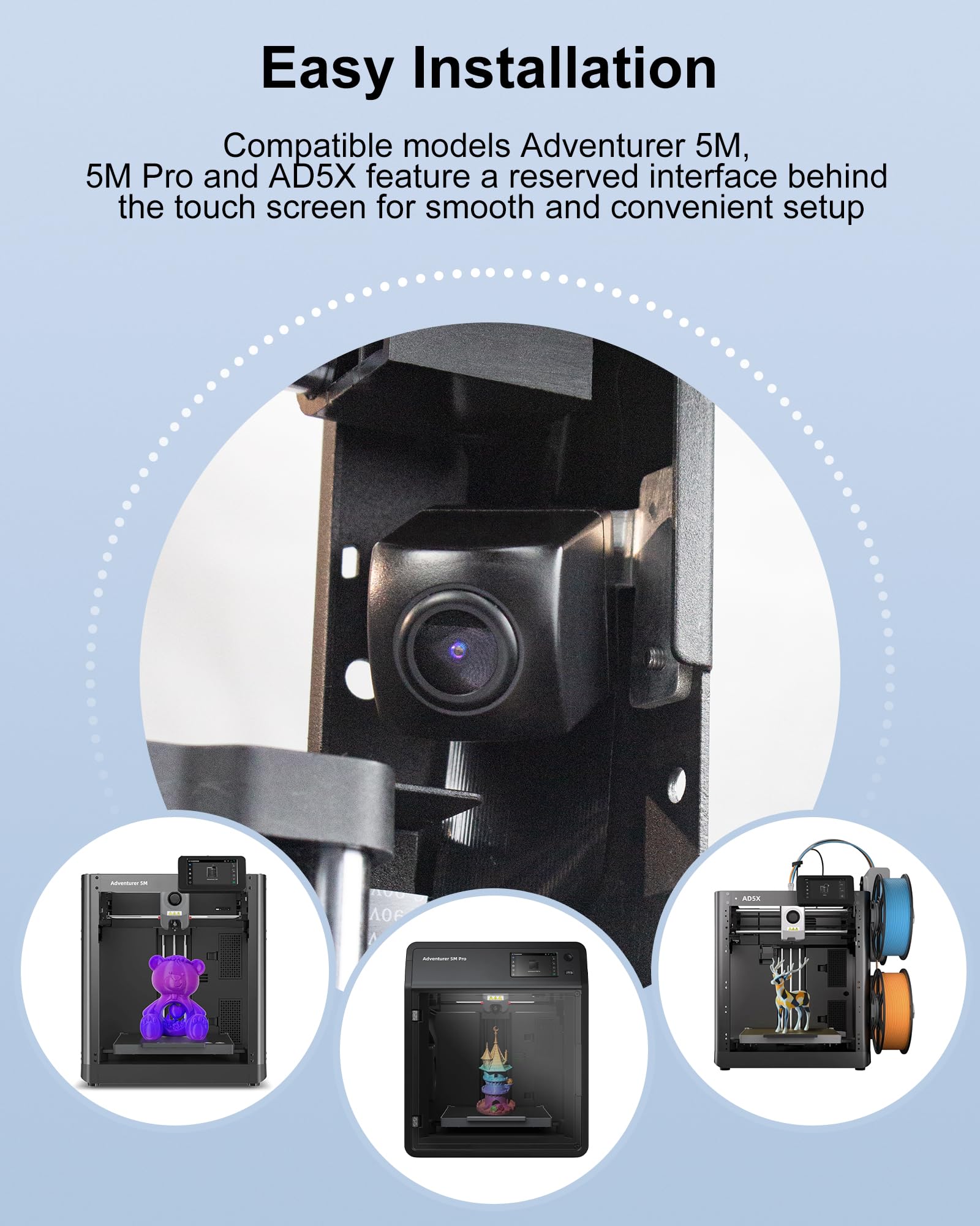 3D Printer Camera Kit Compatible with AD5X Adventurer 5M/5M Pro 3D Printers, Real-Time Remote Monitoring Time-Lapse Recording Compatible with Flash Maker App, 3D Printer Accessory for Adventure 5X