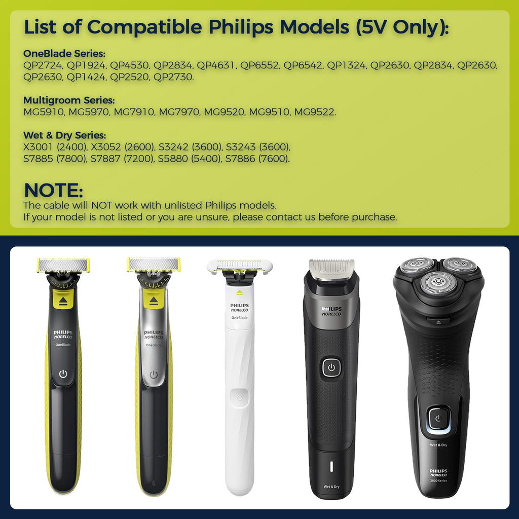 Hajida 5V USB-C Charger Cord Compatible with Philips Norelco Shaver Models – QP2724, QP1924, QP4530, QP2834, QP4631, X3001, MG5910, MG5970, QP6552, MG7910, MG7970, MG9520, QP6542 & More