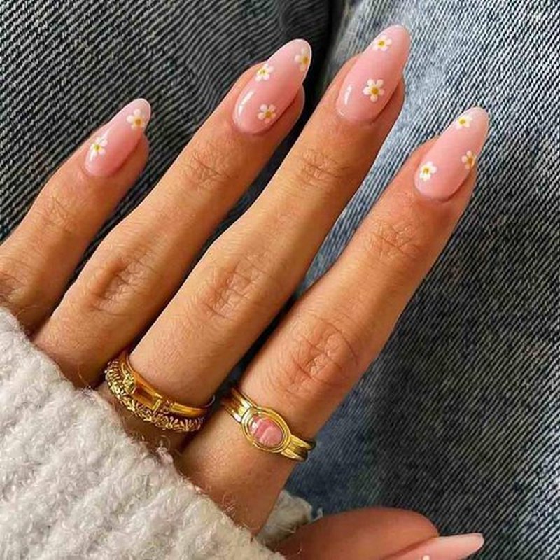RikView Pink Press on Nails Medium Fake Nails with Daisy Design Almond Nails Glossy Full Cover Nails for Women 24 PCs/Set