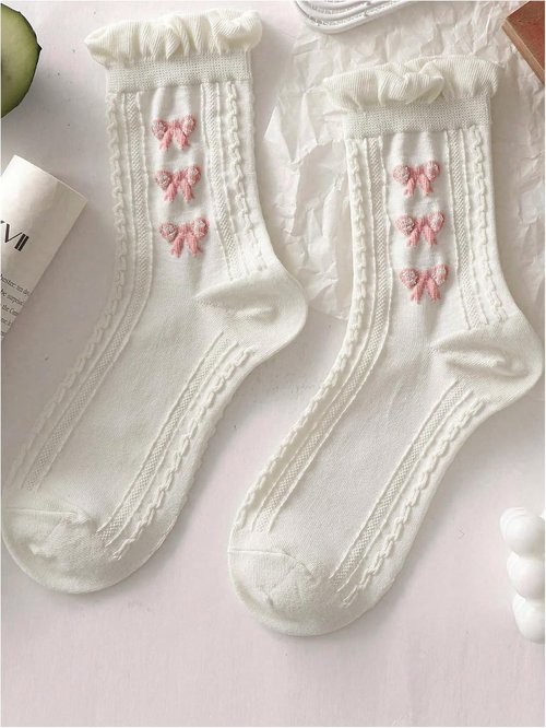 SHENHE Women's Crew Socks - Cute Ruffle Bow Print Design | 5 Pairs of Mid Calf Comfort