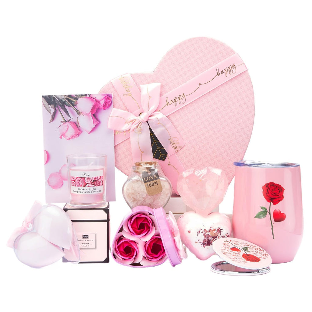 Mothers Day Gifts Box, Pink Rose SPA Gift Basket for Women, Mom Birthday Gifts, Heart-Shaped Relaxing Bath Set with Tumbler, Best Gift for Mom, Wife, Love You Anniversary Present