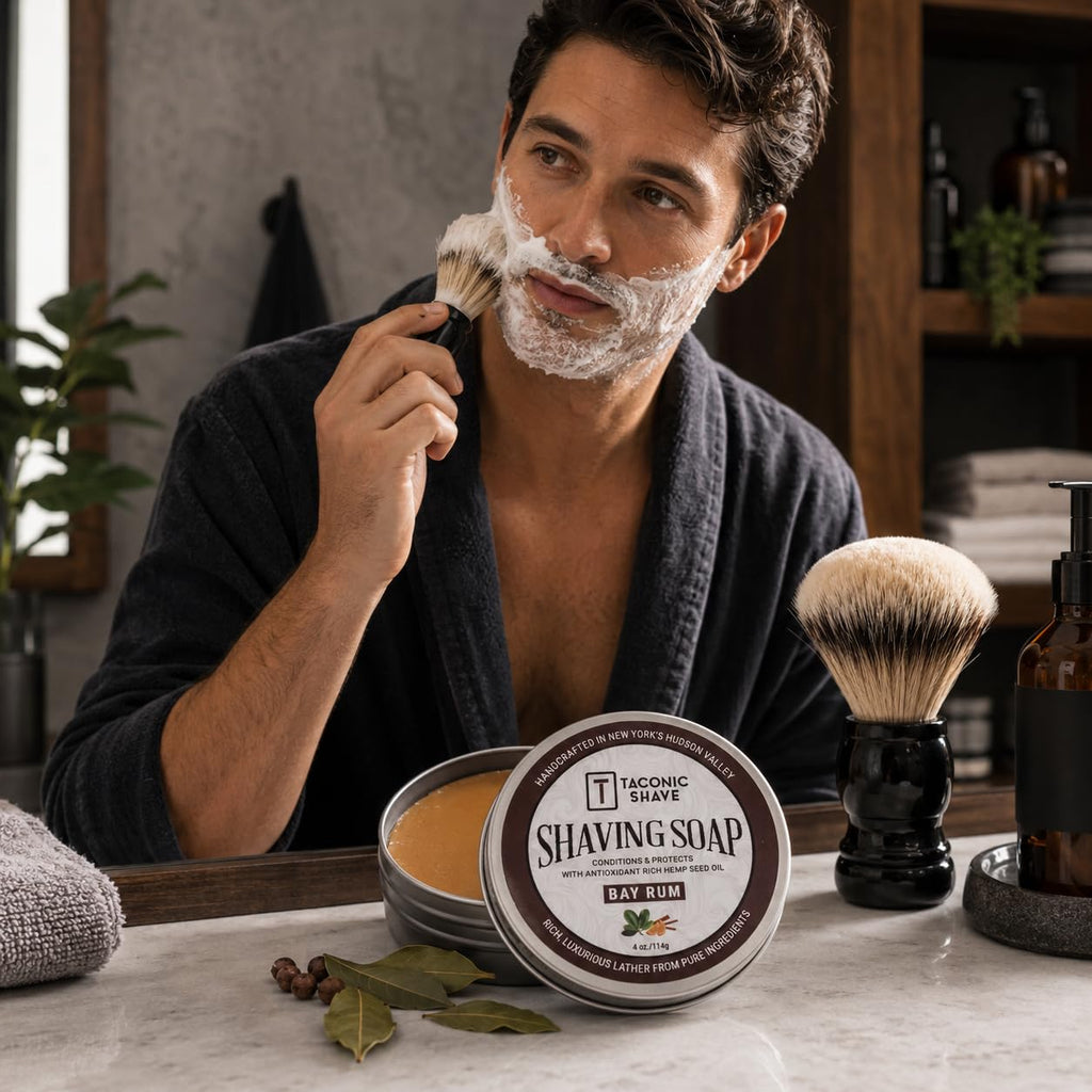Taconic Shave Bay Rum Scent Shaving Soap – Warm Spiced Aroma – Barbershop Quality Lather Puck with Coconut & Olive Oils – Classic Wet Shave – Made in USA