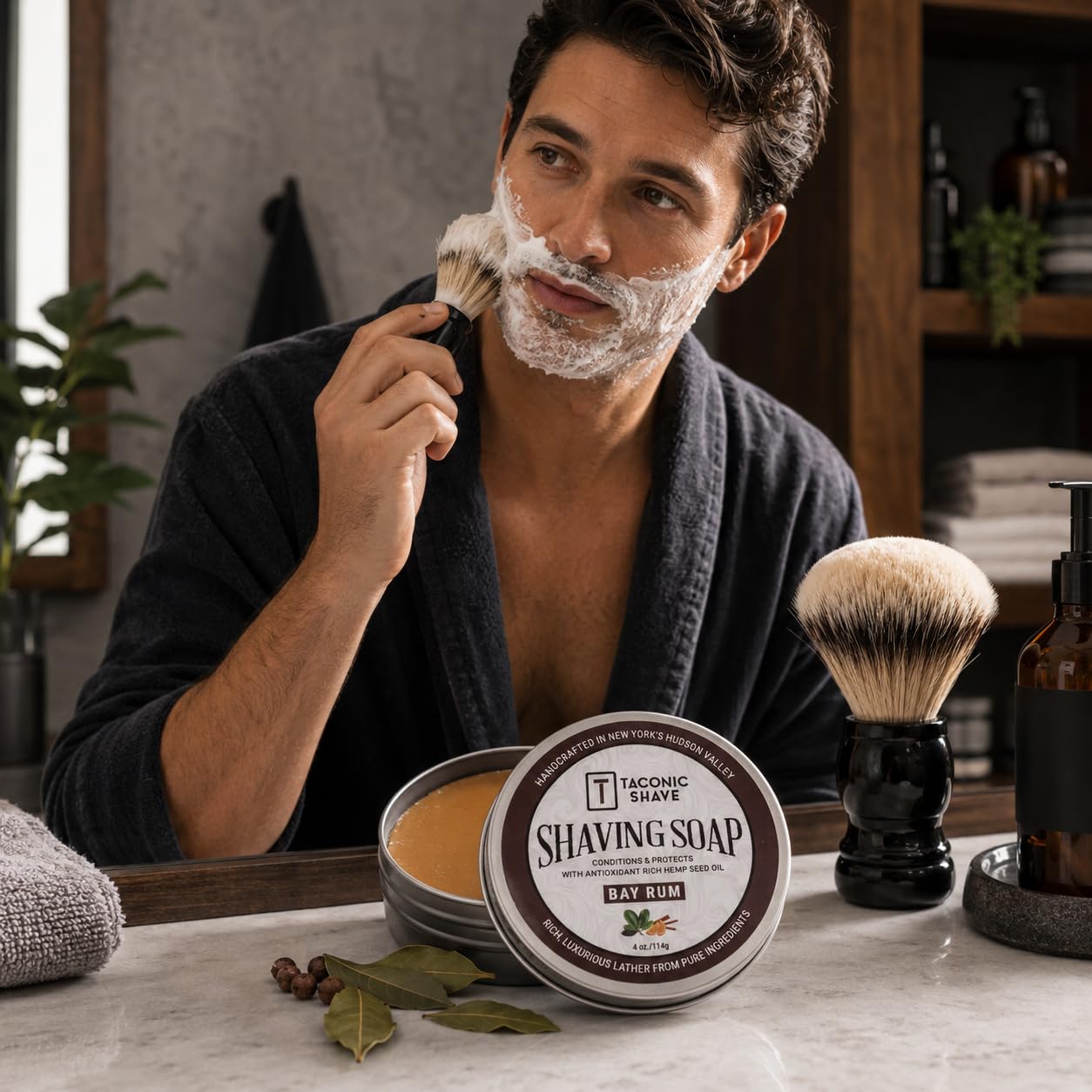 Taconic Shave Bay Rum Scent Shaving Soap – Warm Spiced Aroma – Barbershop Quality Lather Puck with Coconut & Olive Oils – Classic Wet Shave – Made in USA