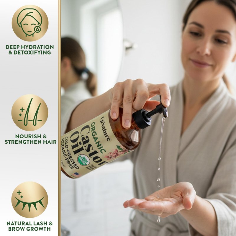 UpNature Castor Oil Organic - 100% Pure USDA Certified Organic Castor Oil for Face Hair Skin - 16oz Amber Glass Bottle, Hexane Free
