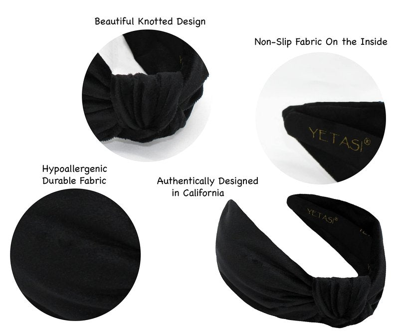 YETASI Velvet Black Headbands for Women, Wearable All Day, Trendy Womens Headbands are Knotted Headband for Women's Hair, Cute Top Knot Fashion Designer Girls Head band