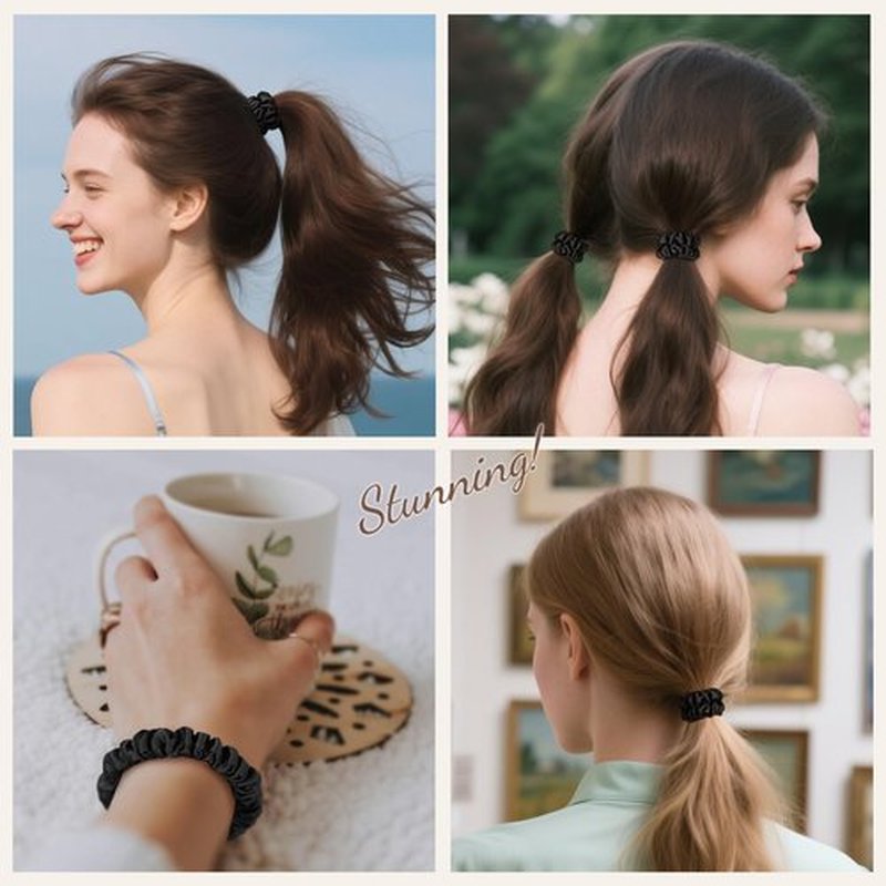 LULUSILK Small Silk Hair Ties No Damage, 100% Real Mulberry Silk, Skinny Scrunchies Ponytail Holders for Thin Fine Hair, Black, Pack of 3