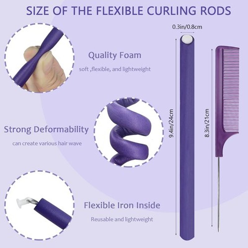 60 Pieces Flexible Curling Rods Twist Foam Flexi Rods No Heat Hair Rods Hair Rollers and Steel Pintail Rat Tail Comb for Long or Short Hair Women Girls (9.45 x 0.31, Purple)