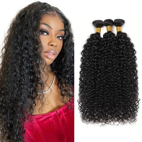 MLMYBAYEA Curly Bundles Human Hair 30 32 34 Inch Natural Black Color #1B Kinky Curly Bundles Double Weft Brazilian Virgin Hair Extensions Total 300g For Women