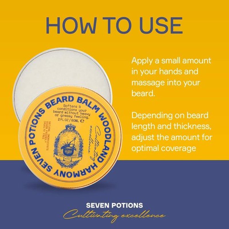 Seven Potions Beard Balm - 100% Natural Softener with Jojoba Oil for Nourished, Shiny Beards | 2 oz. Woodland Harmony