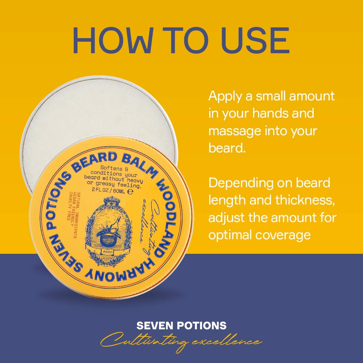 Seven Potions Beard Balm 2 oz. 100% Natural Softener with Jojoba Oil - Nourishes, Softens, Stops Itch, and Leaves Healthy Shiny Beard (Woodland Harmony)