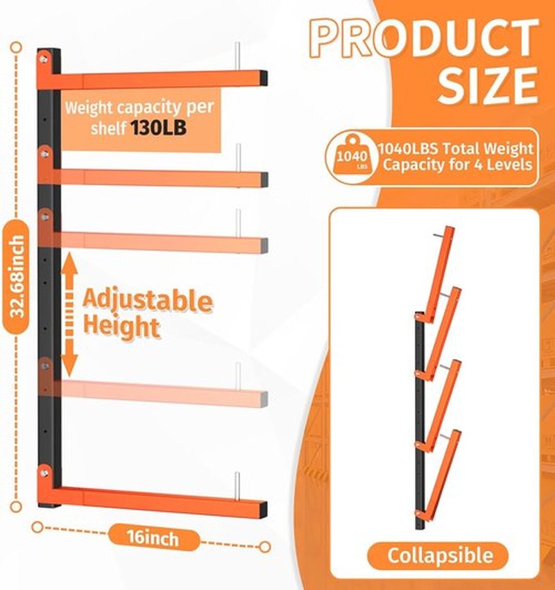 Heavy Duty Metal Lumber Storage Rack by [Brand Name] - Adjustable Wall-Mount Design | Holds Up to 1040 Lbs