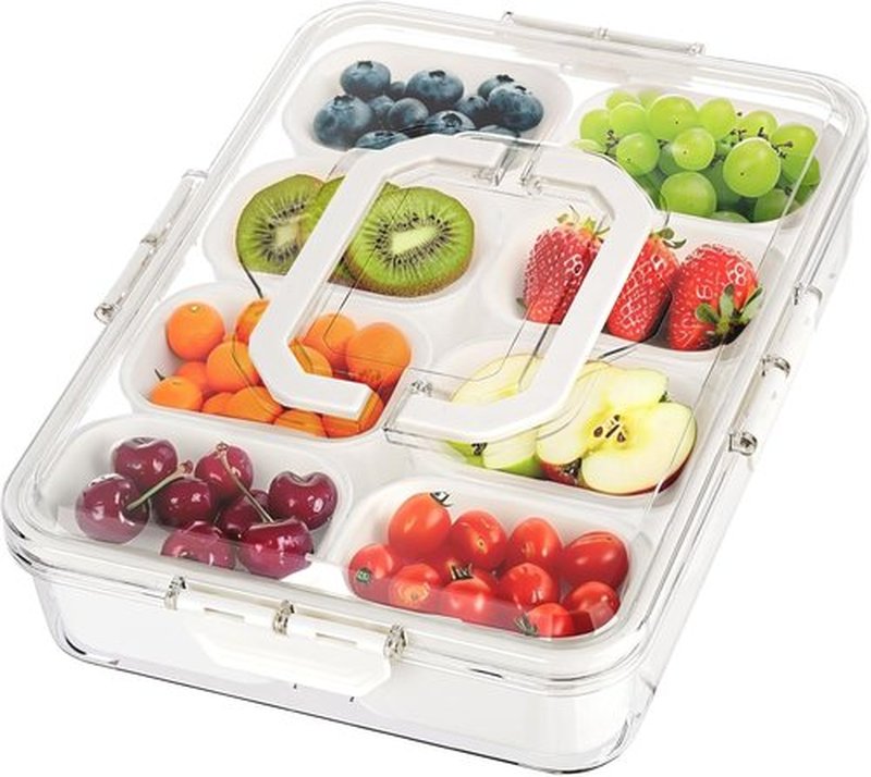 Snackle Box - 8-Compartment Portable Snack Container with Lid & Handle | Clear Serving Tray for Parties
