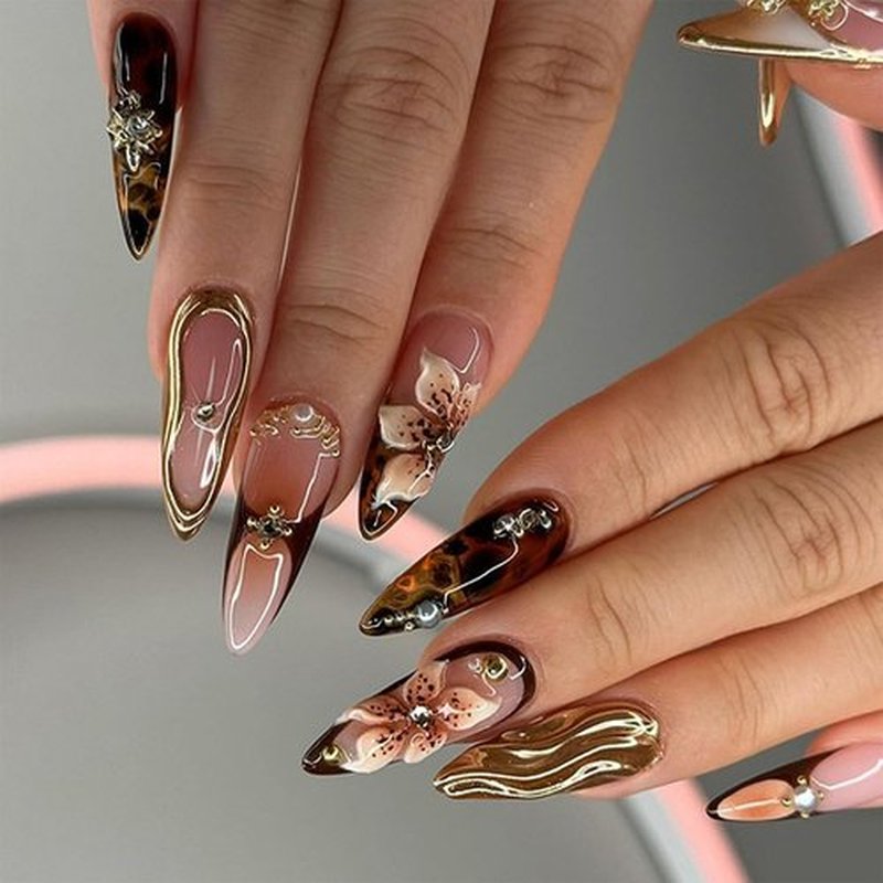 JONKASIPA 3D Handmade Pressed Nails Brown Almond False Nails with Dimensional Gold Lines and Floral Patterns French Gloss Reusable Adhesive Nails for Women's Manicure Sets 24Pcs