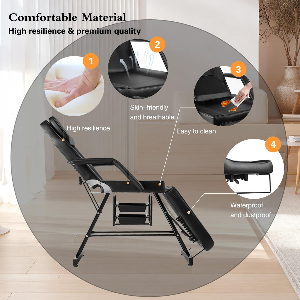 LUXMARS Facial Chair,73″ Tattoo Chair for Client,3-Section Adjustable Massage Table with Stool,Multipurpose Beauty Beds Salon Equipment for Esthetician,Tattooshop,Spa (Black)