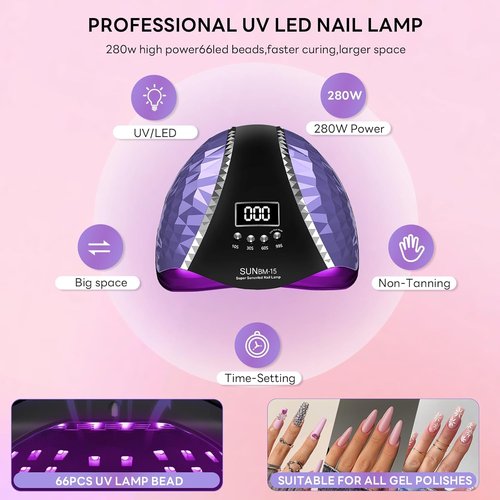 Timpou LED UV Nail Lamp, 280W Gel Nail Polish, Dryer, Professional Nail Lamp, UV Light for Nails with 66 Beads, Auto Sensor LED Gel Nail Lamp, 4 Timer Settings