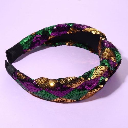 HSWE Mardi Gras Headband for Women Glitter Purple Green Yellow Sequin Top Knot Hairband Funny Carnival Parade Party Gift for Sister Mom Bestie