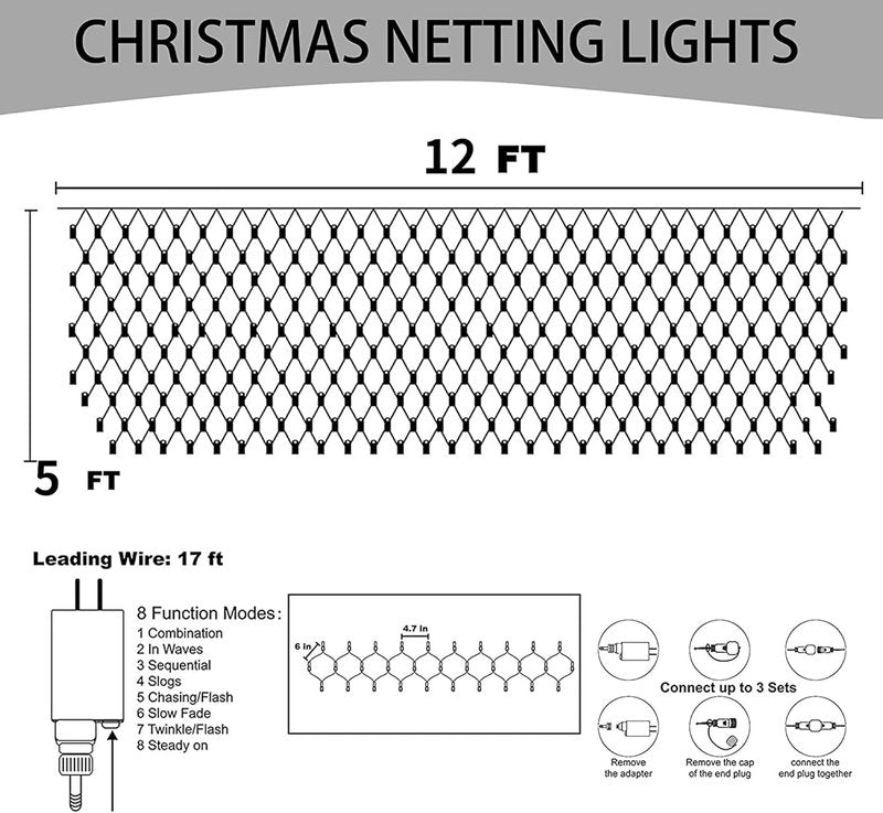 Dazzle Bright 360 LED Net Lights - 12FT x 5FT Waterproof String Lights with 8 Modes | Clear Wire for Indoor & Outdoor Christmas Decor