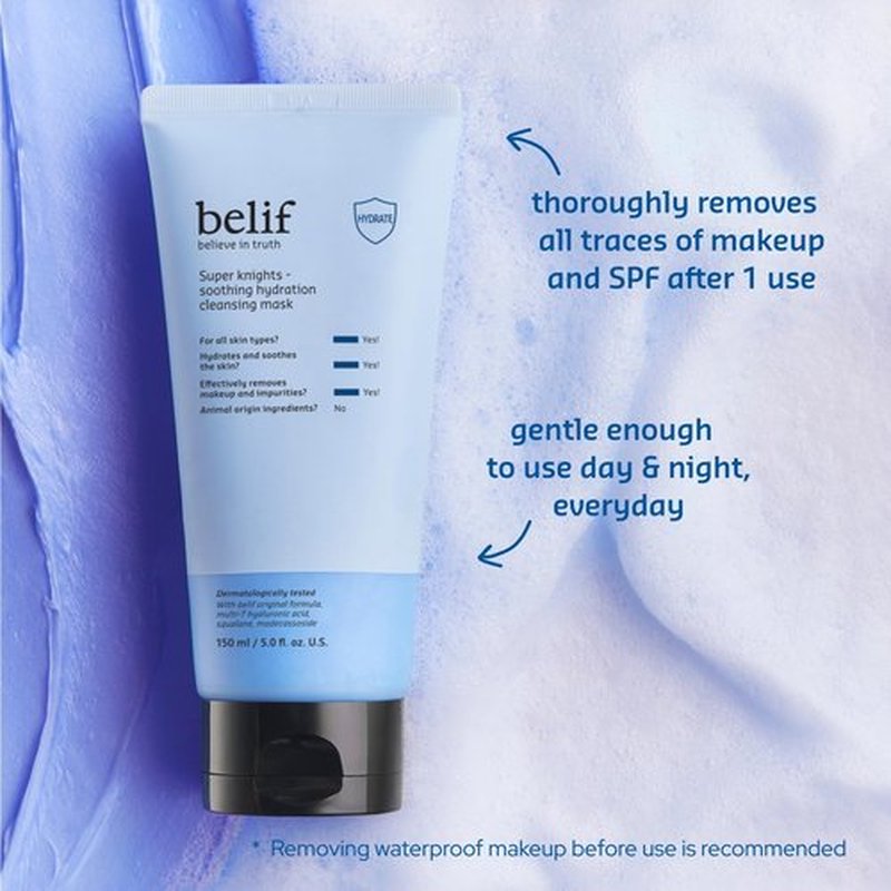belif Super Knights - Soothing Hydration Cleansing Mask, 3-in-1 Facial Mask & Cleanser with Hyaluronic Acid, Squalane, Madecassoside | For Dry and Sensitive Skin | Korean Skincare (5.0 fl. oz)