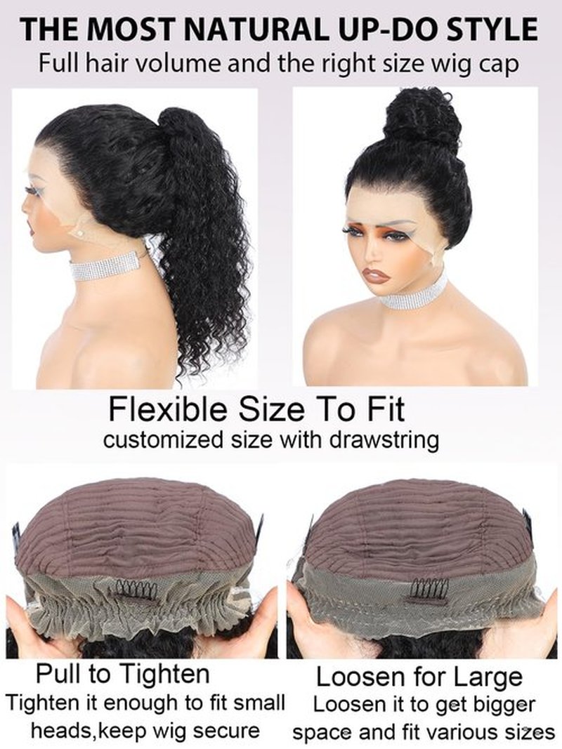 eool Hidden Strap 360 Drawstring Full Lace Front Wigs Human Hair Pre Plucked 200 Density Deep Wave 360 Invisible Drawstring Glueless Wet And Wavy HD Lace Front Wig Human Hair For Black Women 16 Inch