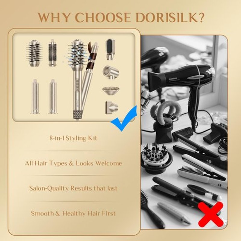 DORISILK 8 in 1 Hair Styler & Hair Dryer Brush Blow Dryer, 110,000 RPM High-Speed Hot Brush Styler, Ionic Smooth Cepillo Secador de Cabello Multi Straightener Curler Volumizer Dryer, Champagne Gold