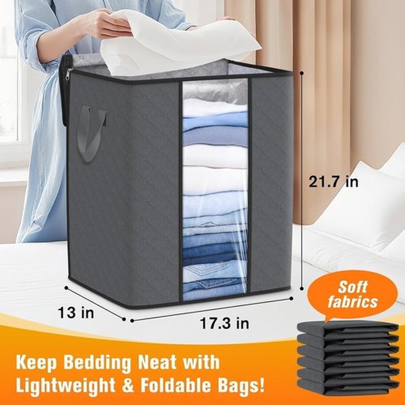 SpaceTrove Storage Bags - 80L Large Capacity Comforter Organizers with Visual Window | 6-Pack in Grey