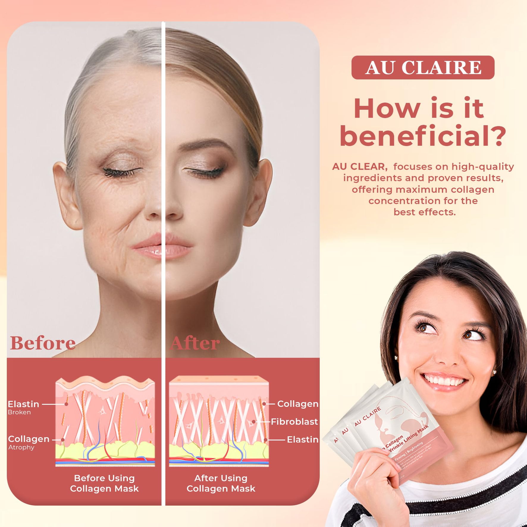 AU CLAIRE Deep Collagen Face mask, Hydrating Anti-wrinkle Lifting mask for All Skin Types, 34g x4ea