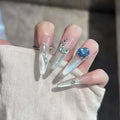 White Long Stiletto Fake Nails 30 Pcs Handmade Press on Nails Almond with Turquoise Blue 3D Crystals Designs Cute Glue on Nails Nude Gradient Gel Nail Artificial Stick on Nails for Women