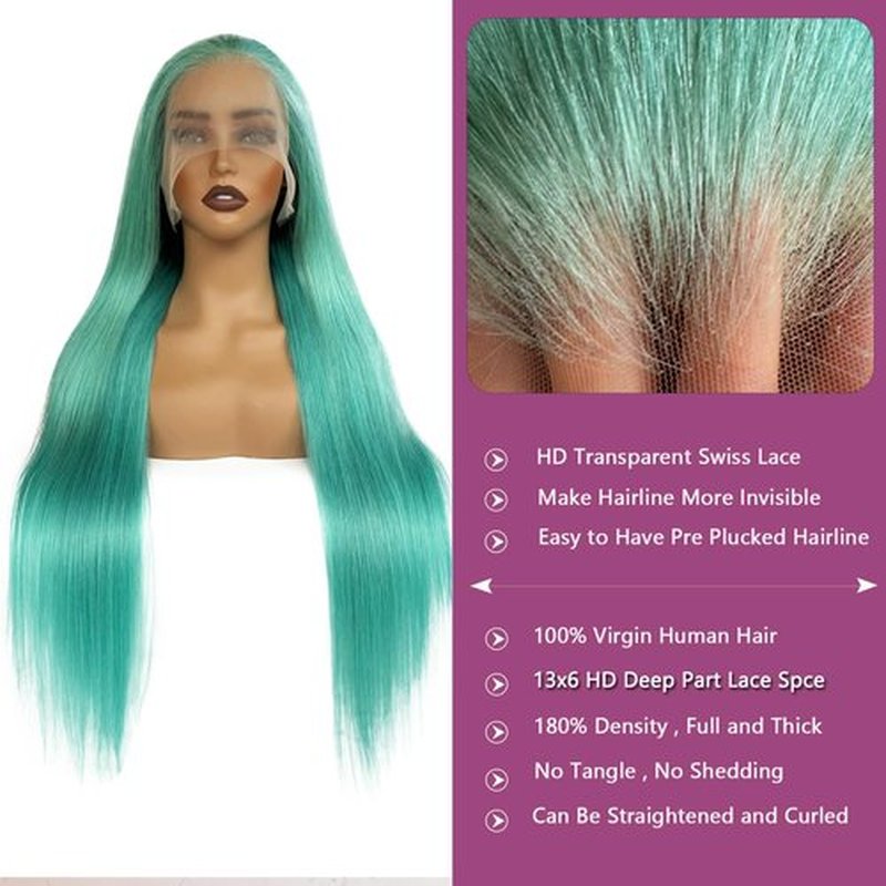 Lace Front Wigs Human Hair Aqua Blue Glueless Transparent 13x6 Lace Front Wigs Human Hair Pre Plucked 22 Inch Colored Turquoise Wig Human Hair 180% Density HD Lace Front Human Hair Wigs for Women
