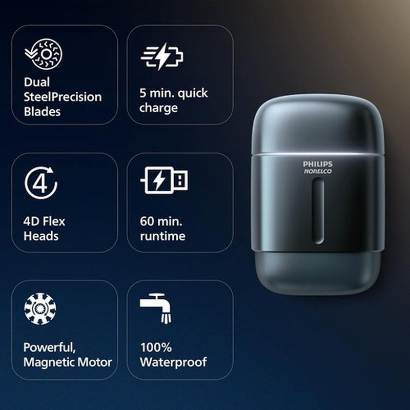 Philips Norelco Shaver 700 Series - Compact Electric Shaver with Lift & Cut System, Dual Steel Blades, Wet & Dry Use, Travel Case