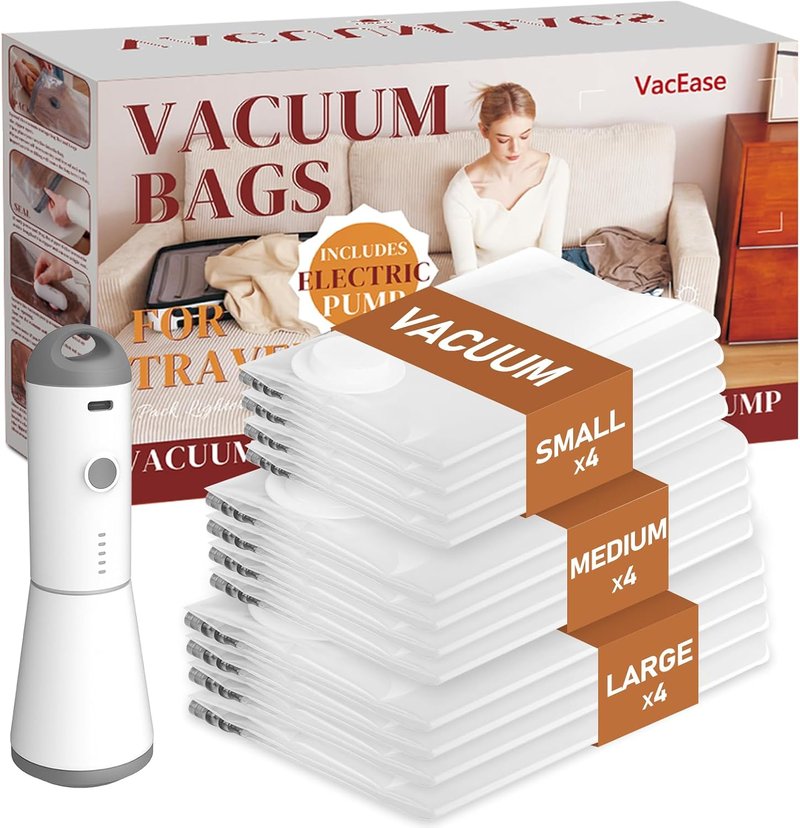 Vacbird Travel Vacuum Storage Bags - 12 Pack with Rechargeable Cordless Pump | Compression Packing for Clothes, Blankets & Pillows