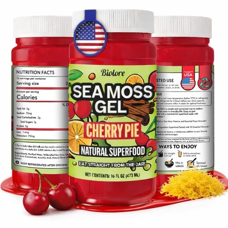 Biolore Sea Moss Gel - Cherry Pie Flavor, Vegan & Wildcrafted Superfood | 16 oz, No Added Sugar, Made in USA