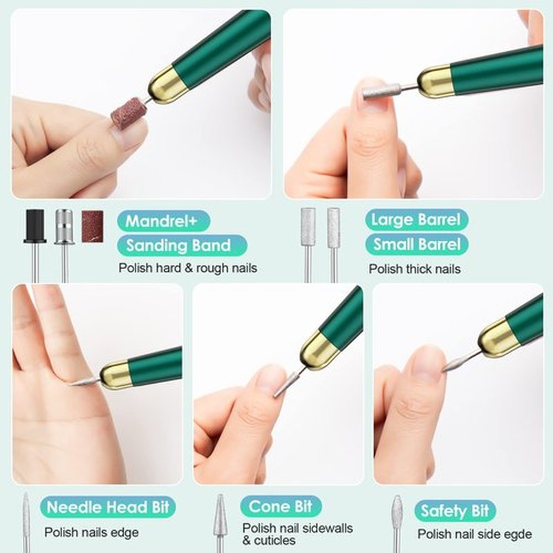 Gefaxi Electric Nail Drill, Portable Electric Nail File Professional 20000rpm Manicure Pedicure Efile Machine with Sanding Bands & Nail Drill Bits for Acrylic, Gel Nails, Home & Salon, Green