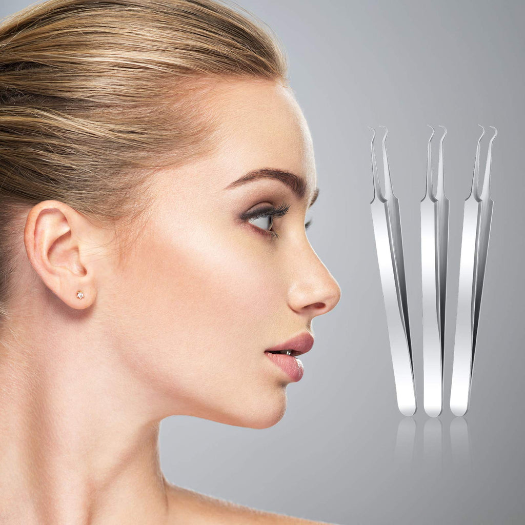 Honoson 3 Pcs Blackhead Tweezer Stainless Steel Pimple Tweezers Tool for Remove Zit Whitehead Pimple Bend Curved Extractor Tweezer Skin Blackhead Remover Tools(Silver)
