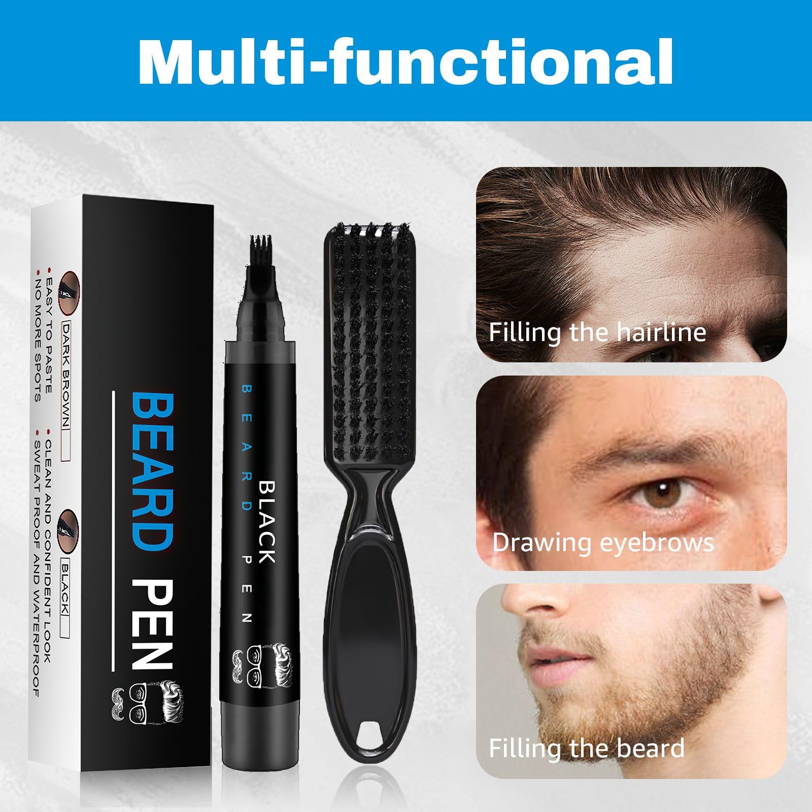Beard Pencil Filler for Men Black - Beard Pen with Brush, Barber Pencil Smudge-proof & Water-proof Mens Grooming Kits Creating Natural Beard Color, Gifts for Men (Black)