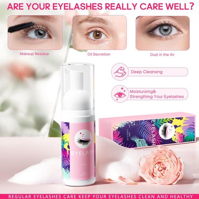 Buqikma Lash Cleaning Kit - Lash Shampoo Kit Eyelash Extension Cleanser for Extensions 60ML with Rechargeable Handheld Lash Fan Dryer Mascara Brush Rinse Bottle Makeup Cleansing Foam for Lash Care