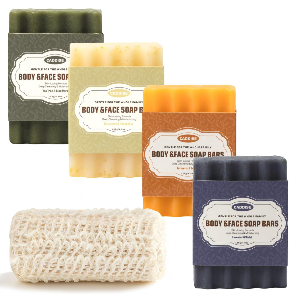 CADDISE Natural Soap Bar – Handmade Soap with Foaming Pouch, Face & Body Wash, Moisturizing & Cleansing with Tea Tree & Coconut Oil, Shea Butter, Jojoba & Honey, Gift for Men & Women, 4 Pack 16.8 Oz