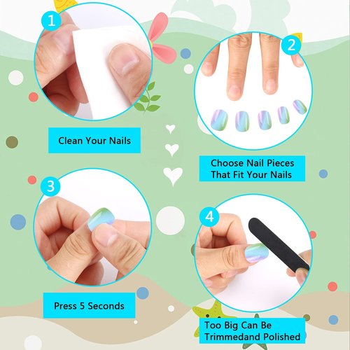 JANYUN 96 Pcs Kids False Nail Press on Nails Full Cover Short False Nails Children Nail Tips Lovely Gift for Kids Little Girls Nail Art Decoration (Blue Theme)