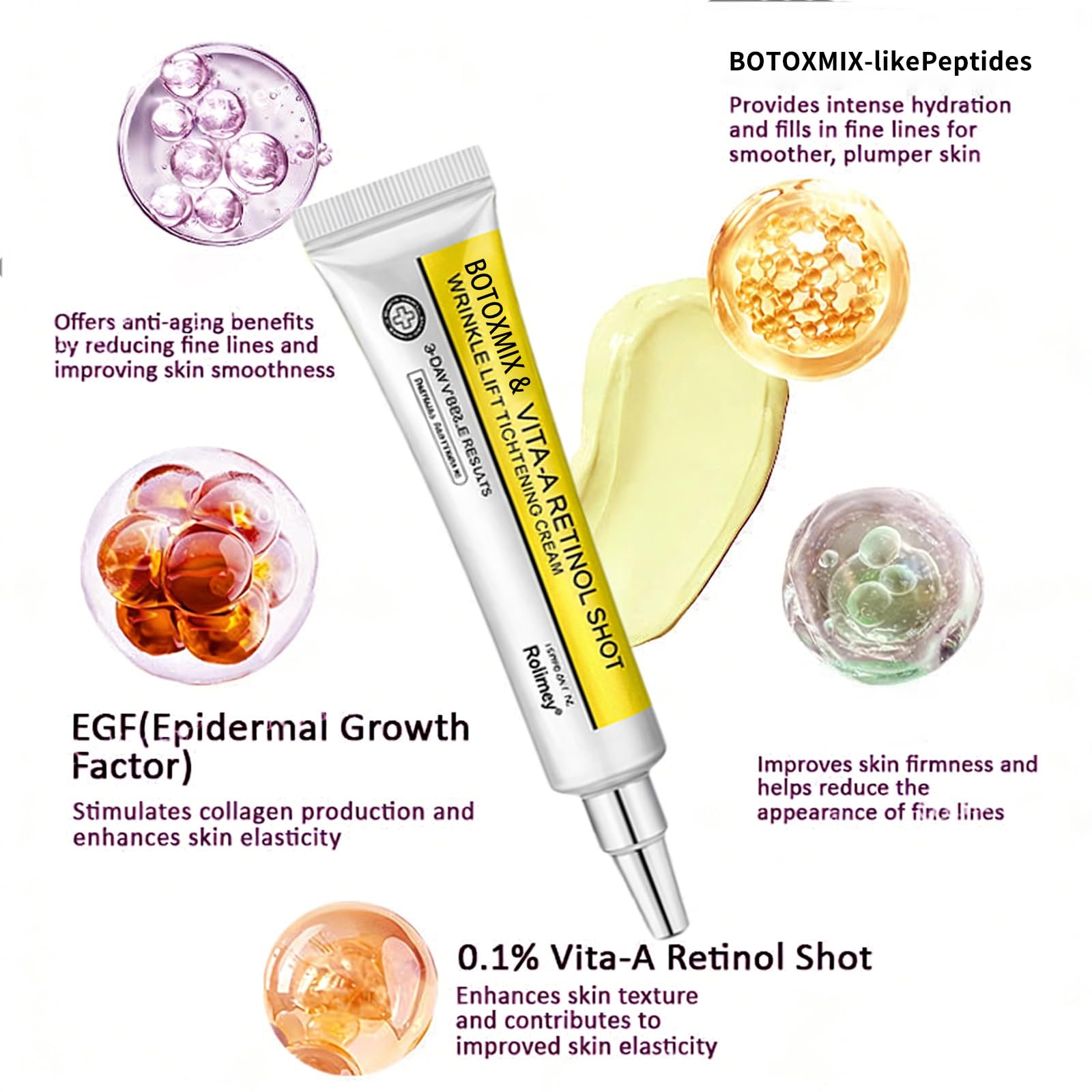 Rolimey Wrinkle-Liftt Botoxmix & Vita A Retinol Shot Tightening cream, Retinol Shot Wrinkle-Lift Tightening Cream, Lift and Tighten Skin, Deeply Moisturize (1PC)