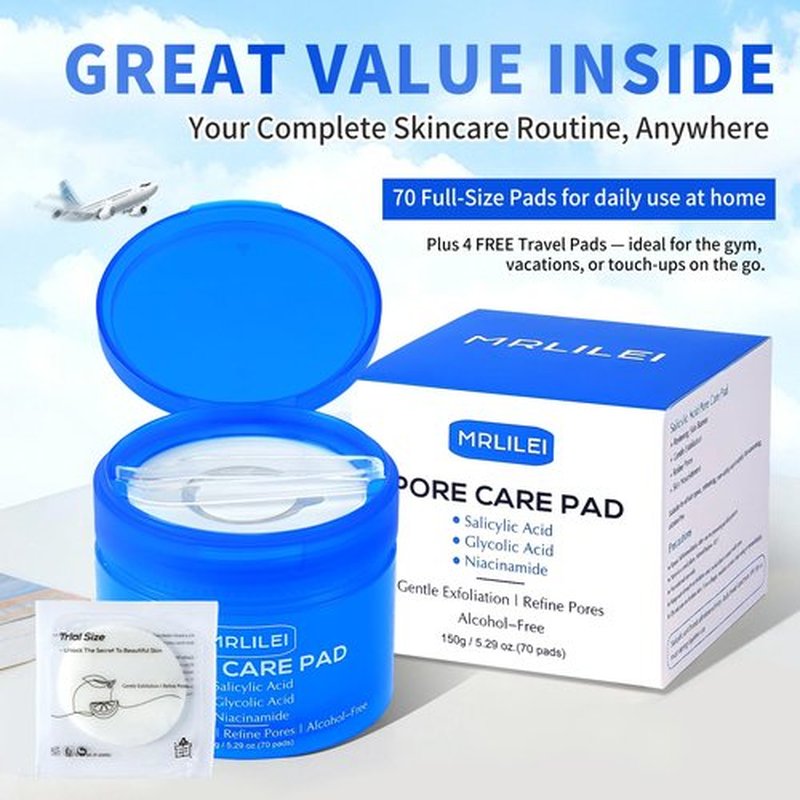 Mrlilei beauty BHA Salicylic Acid Toner Pads with Pore Care - Dual-Textured Facial Exfoliation Toner Pads with Glycolic Acid, Niacinamide Daily Face Skincare - 70 Pads + 4 Trial Pads