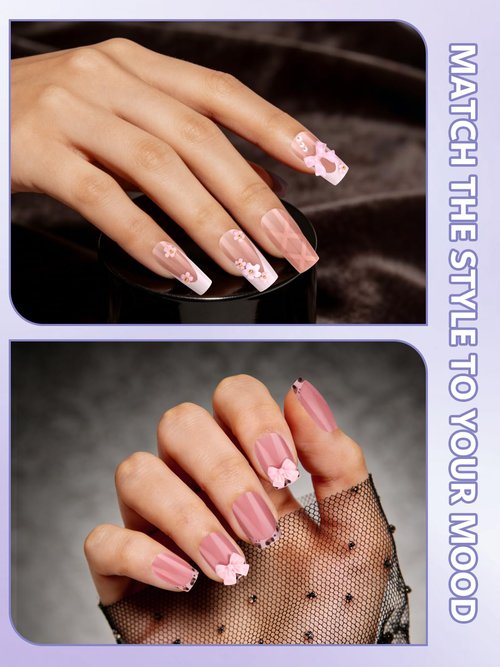 EBANKU 120 Pieces Press on Nails Medium, Bow False Nails French Tips Fake Nails Full Cover Stick on Nails, Love Heart Press on Nail with Nail Glue for Women Nail Art Salon, 12 Sizes