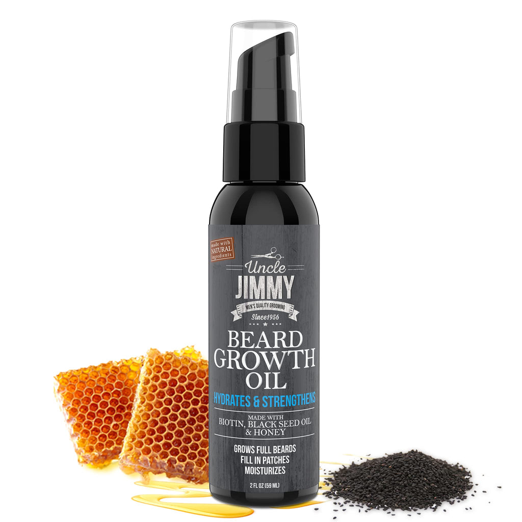 Uncle Jimmy Beard Growth Oil with Biotin | Natural Beard Care for Thicker, Fuller Healthier Beard | Men's Facial Hair Treatment for Grooming | Increases Thickness and Volume 2 Fl Oz