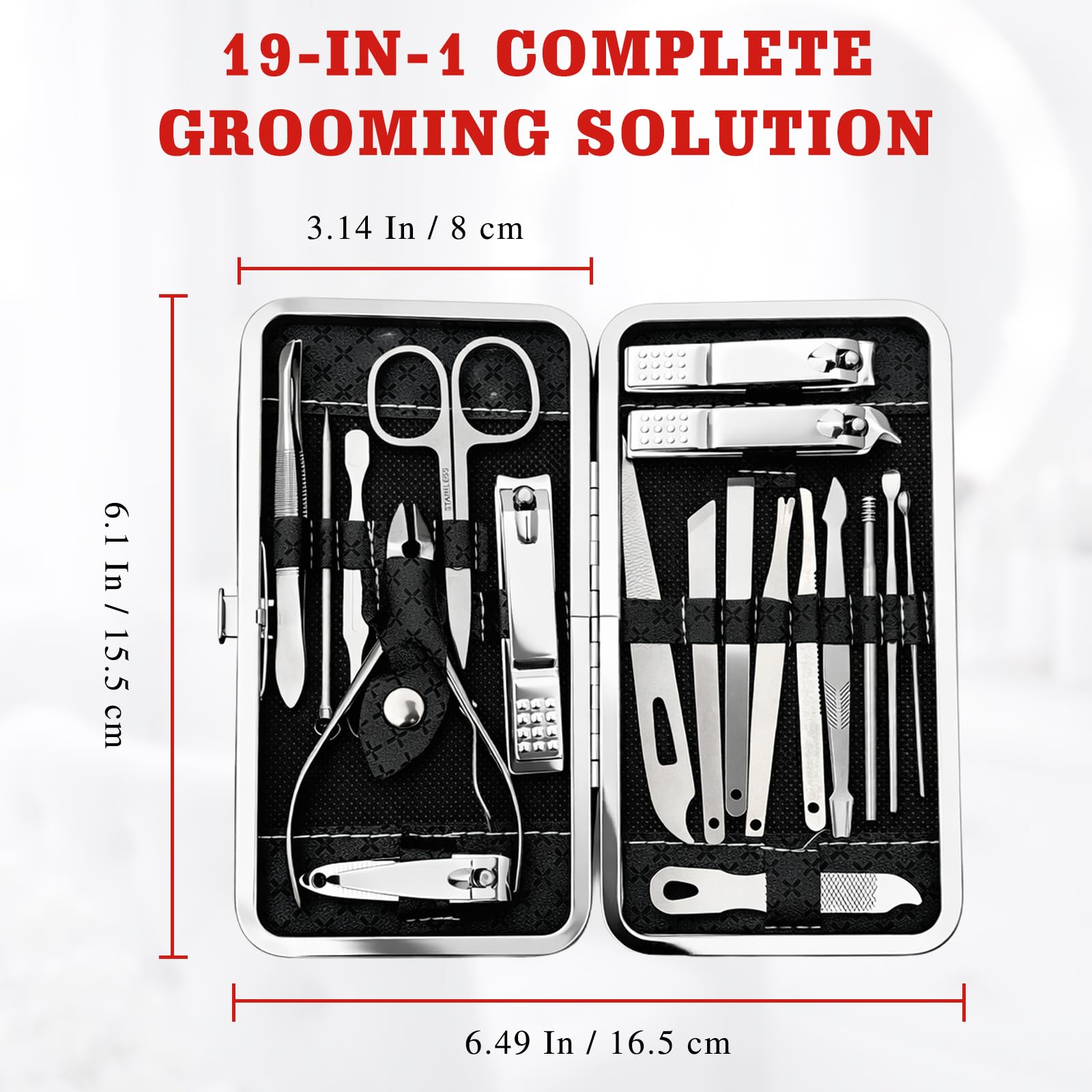 19-Piece Professional Nail Clippers & Grooming Kit (Black) – Fingernail and Toenail Cutters Manicure Pedicure Set with Travel Case for Men and Women