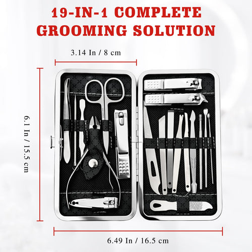 19-Piece Professional Nail Clippers & Grooming Kit (Black) – Fingernail and Toenail Cutters Manicure Pedicure Set with Travel Case for Men and Women