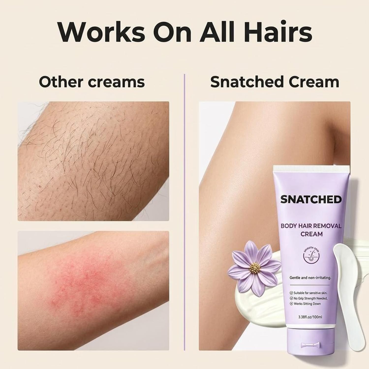 Snatched Hair Removal Cream, Body & Facial Hair Remover Cream for Woman Aged 65+ & Men, Gentle Hair Remover for Legs, Arms, Underarms, Stomach, Bikini Line (1Pc)